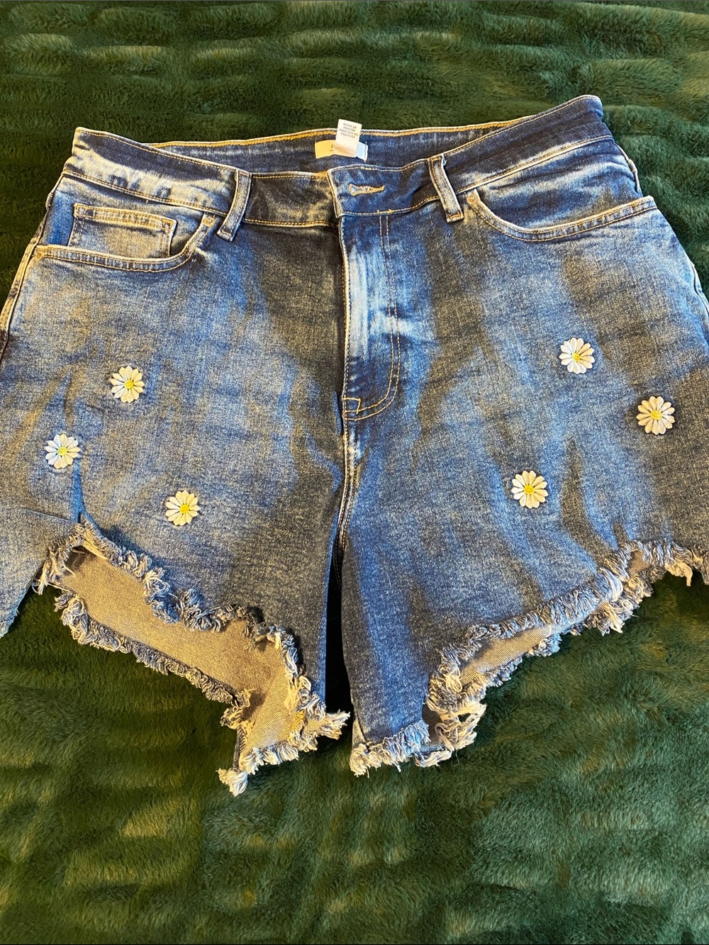 Forever 21 Blue Denim Daisy Patch Frayed Shorts